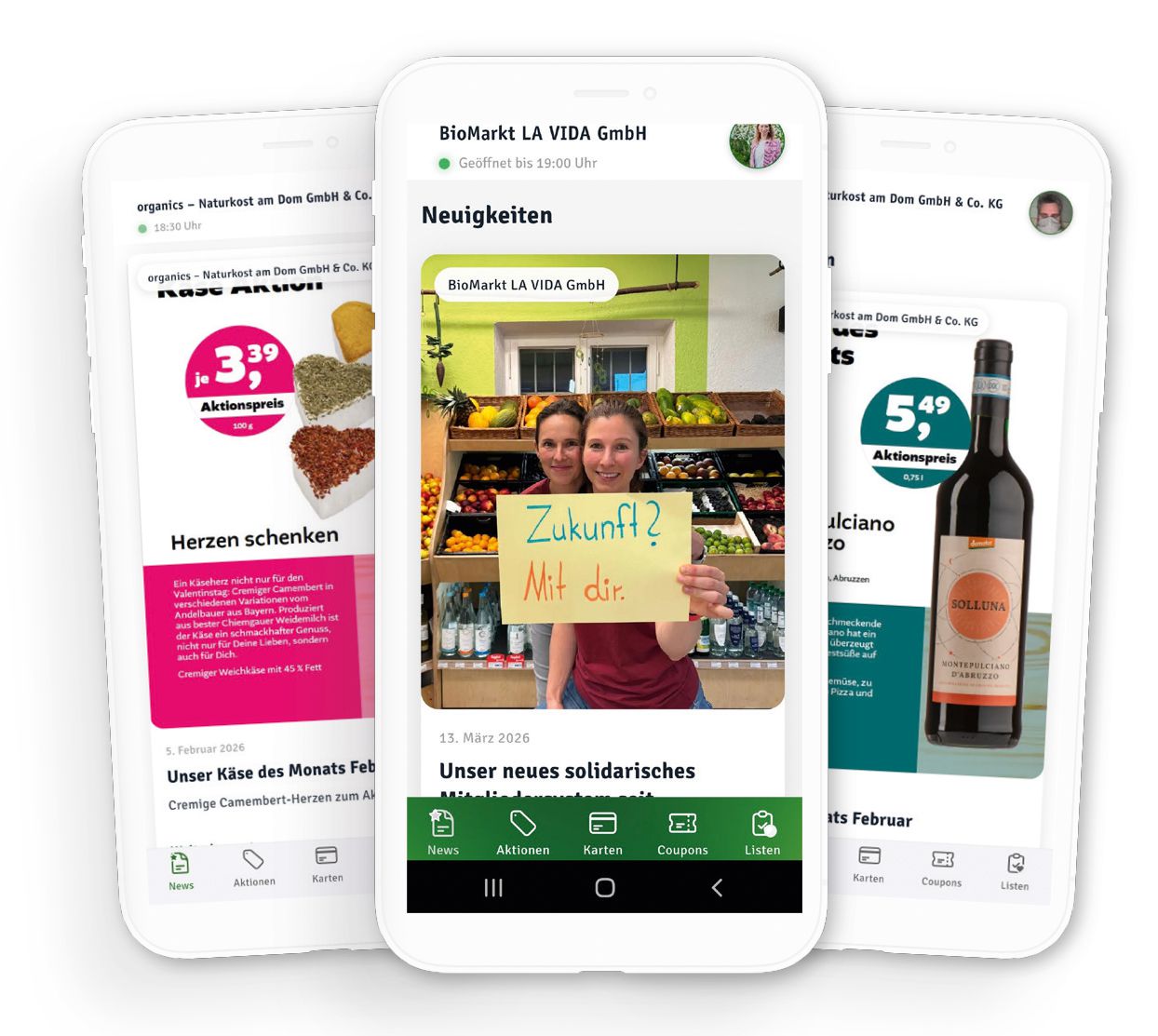 3 Smartphone-Displays mit Beispiel-Screens aus der halloBIO-App